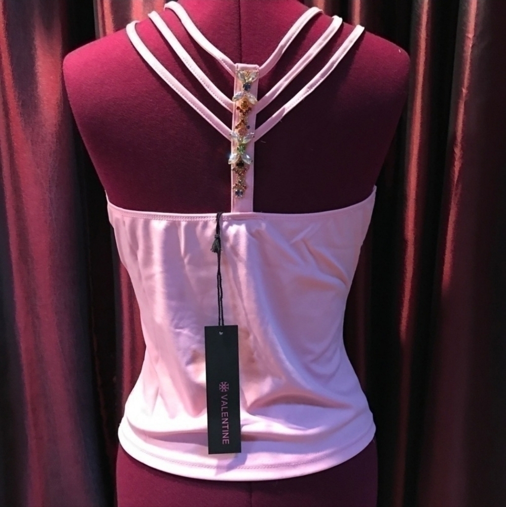 New Jeweled Camisole Style Top Unique Spaghetti Straps Pink S M L Dressy - Picture 2 of 7